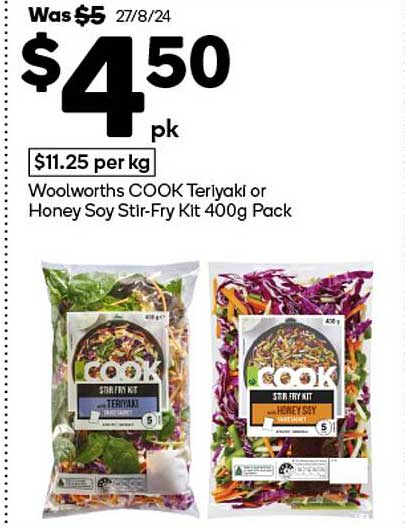 Woolworths COOK Teriyaki or Honey Soy Stir-Fry Kit 400g Pack