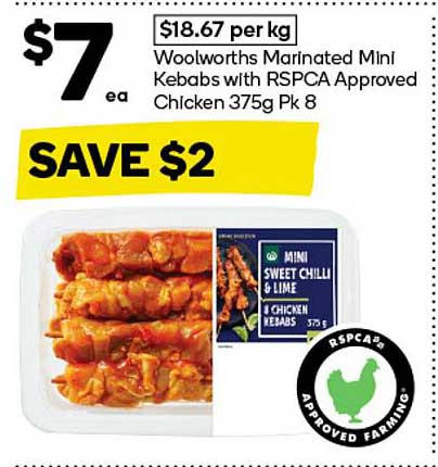 Woolworths Marinated Mini Kebabs with RSPCA Approved Chicken 375g Pk 8