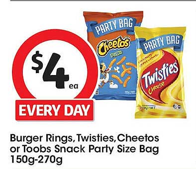 Burger Rings, Twisties, Cheetos or Toobs Snack Party Size Bag