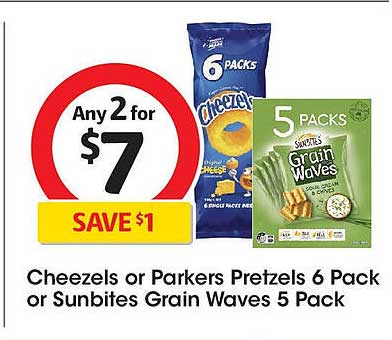 Cheezels or Parkers Pretzels 6 Pack or Sunbites Grain Waves 5 Pack