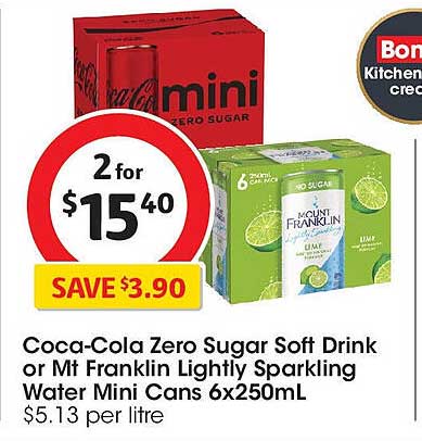 Coca-Cola Zero Sugar Soft Drink or Mt Franklin Lightly Sparkling Water Mini Cans