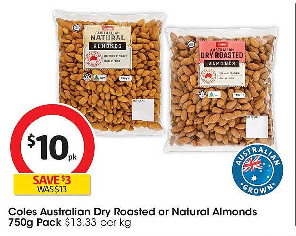 Coles Australian Dry Roasted or Natural Almonds 750g Pack