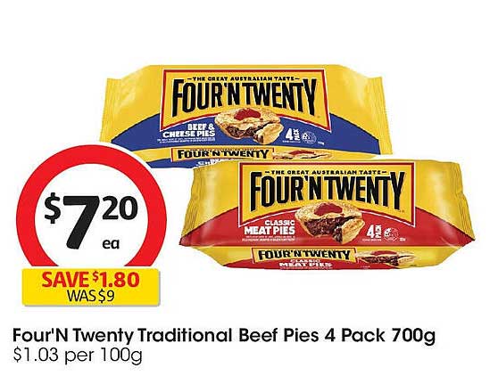 Four'N Twenty Traditional Beef Pies 4 Pack 700g