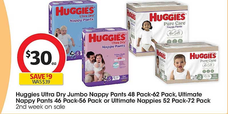 Huggies Ultra Dry Jumbo Nappy Pants 48 Pack-62 Pack, Ultimate Nappy Pants 46 Pack-56 Pack or Ultimate Nappies 52 Pack-72 Pack