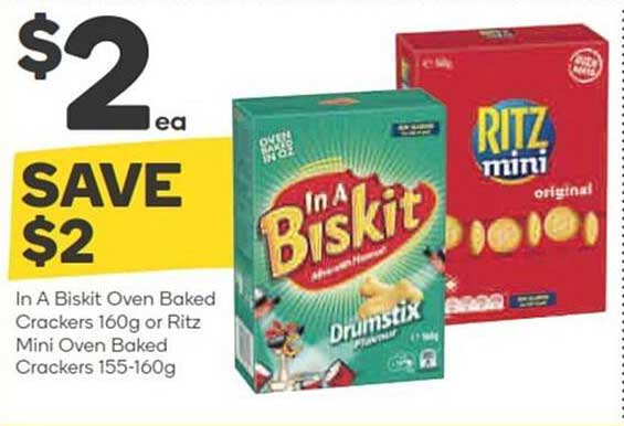 In A Biskit Oven Baked Crackers or Ritz Mini Oven Baked Crackers