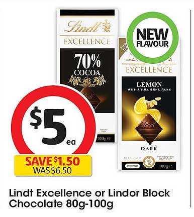 Lindt Excellence or Lindor Block Chocolate 80g-100g