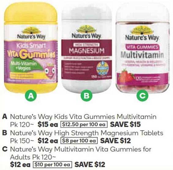 Nature’s Way Kids Vita Gummies Multivitamin  
Nature’s Way High Strength Magnesium Tablets  
Nature’s Way Multivitamin Vita Gummies for Adults