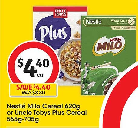 Nestlé Milo Cereal or Uncle Tobys Plus Cereal