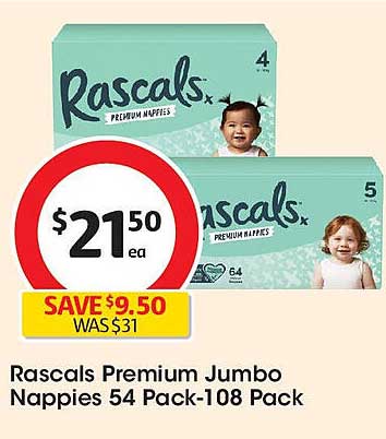 Rascals Premium Jumbo Nappies 54 Pack-108 Pack