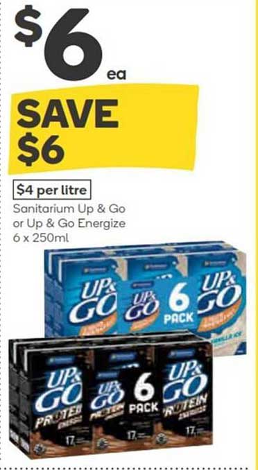 Sanitarium Up & Go or Up & Go Energize 6 x 250ml