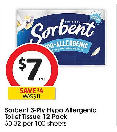 Sorbent 3-Ply Hypo Allergenic Toilet Tissue 12 Pack