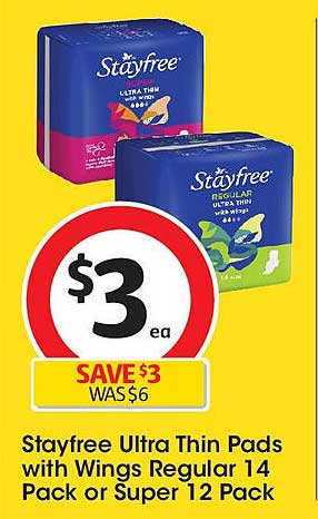 Stayfree Ultra Thin Pads with Wings Regular 14 Pack or Super 12 Pack