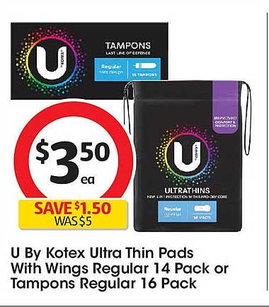 U By Kotex Ultra Thin Pads With Wings Regular 14 Pack or Tampons Regular 16 Pack