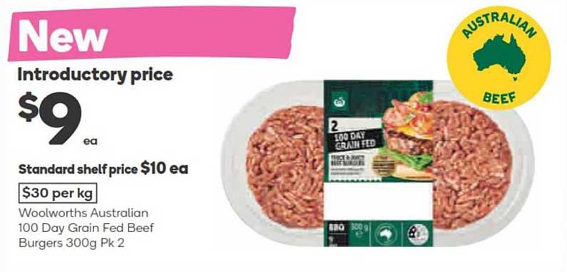 Woolworths Australian 100 Day Grain Fed Beef Burgers 300g Pk 2