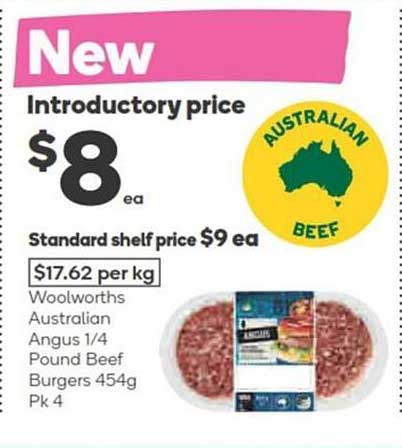 Woolworths Australian Angus 1/4 Pound Beef Burgers Pk 4