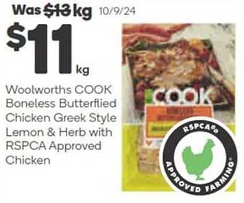 Woolworths COOK Boneless Butterflied Chicken Greek Style Lemon & Herb with RSPCA Approved Chicken