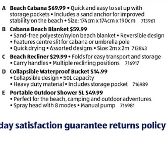 Beach Cabana  
Cabana Beach Blanket  
Beach Recliner  
Collapsible Waterproof Bucket  
Portable Outdoor Shower 5L  