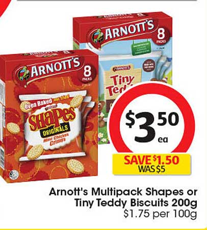 Arnott's Multipack Shapes or Tiny Teddy Biscuits