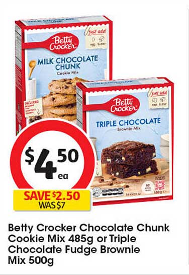 Betty Crocker Chocolate Chunk Cookie Mix or Triple Chocolate Fudge Brownie Mix