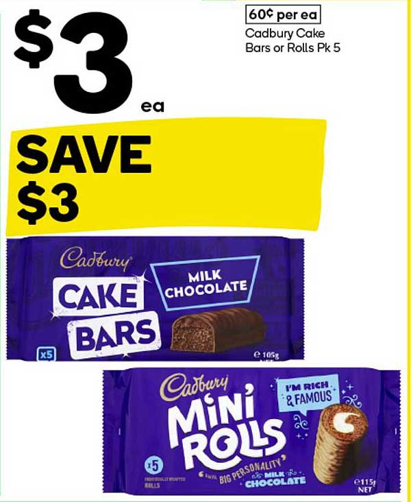 Cadbury Cake Bars or Rolls Pk 5