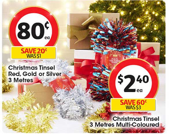 Christmas Tinsel Red, Gold or Silver 3 Metres  
Christmas Tinsel 3 Metres Multi-Coloured