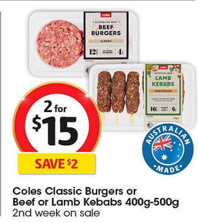 Coles Classic Burgers or Beef or Lamb Kebabs