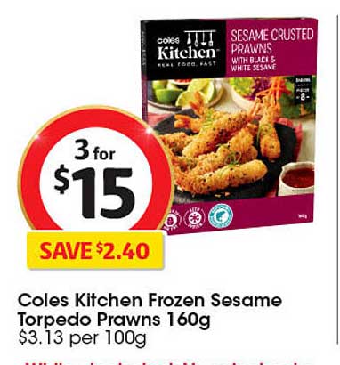 Coles Kitchen Frozen Sesame Torpedo Prawns