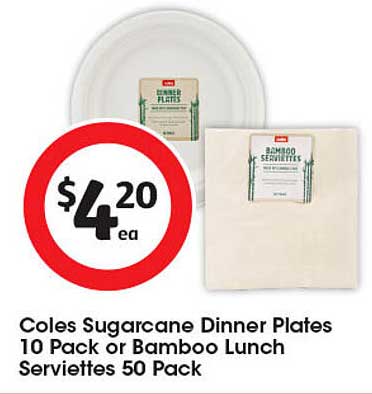 Coles Sugarcane Dinner Plates 10 Pack or Bamboo Lunch Serviettes 50 Pack