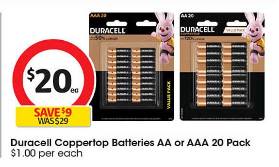 Duracell Coppertop Batteries AA or AAA 20 Pack