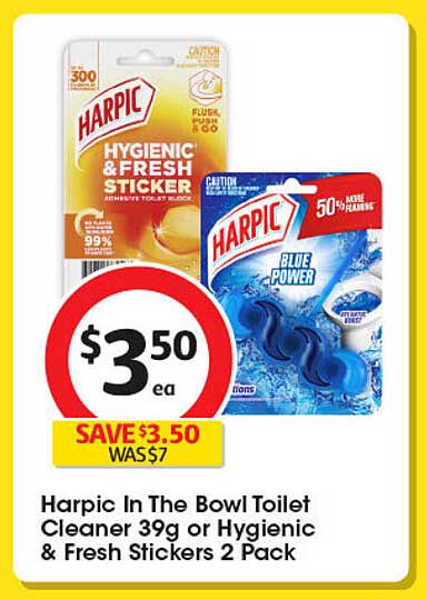 Harpic In The Bowl Toilet Cleaner 39g or Hygienic & Fresh Stickers 2 Pack