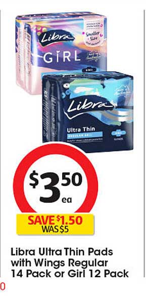 Libra Ultra Thin Pads with Wings Regular 14 Pack or Girl 12 Pack