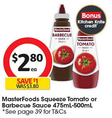 MasterFoods Squeeze Tomato or Barbecue Sauce