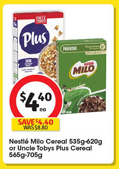 Nestlé Milo Cereal or Uncle Tobys Plus Cereal