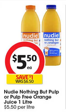 Nudie Nothing But Pulp or Pulp Free Orange Juice 1 Litre