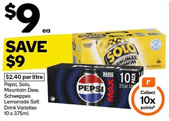 Pepsi, Solo, Mountain Dew, Schweppes Lemonade Soft Drink Varieties 10 x 375ml