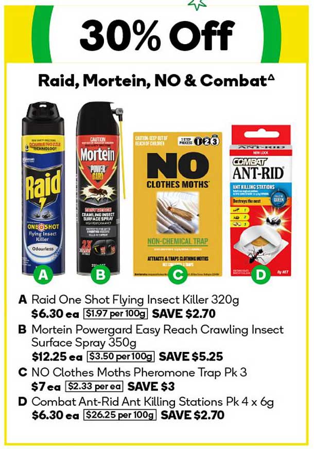 Raid, Mortein, NO & Combat