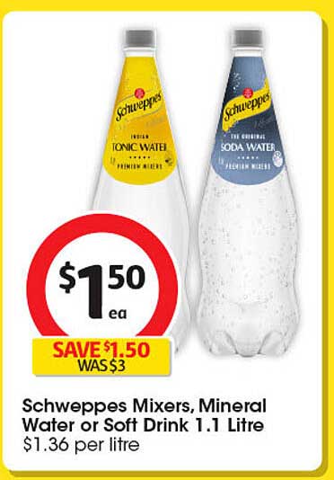 Schweppes Mixers, Mineral Water or Soft Drink 1.1 Litre