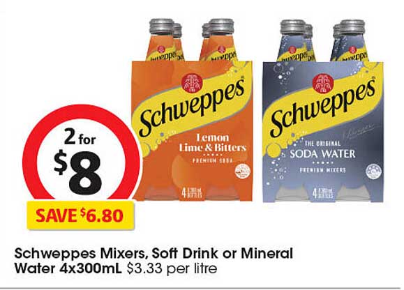 Schweppes Mixers, Soft Drink or Mineral Water 4x300mL