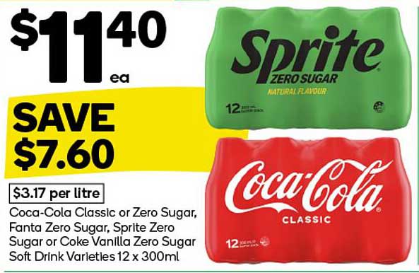 Sprite Zero Sugar and Coca-Cola Classic Soft Drink Varieties 12 x 300ml