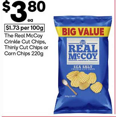 The Real McCoy Crinkle Cut Chips, Thinly Cut Chips or Corn Chips 220g