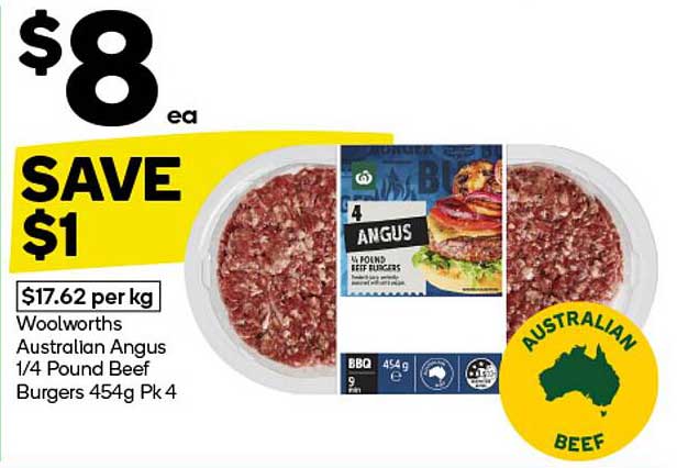 Woolworths Australian Angus 1/4 Pound Beef Burgers