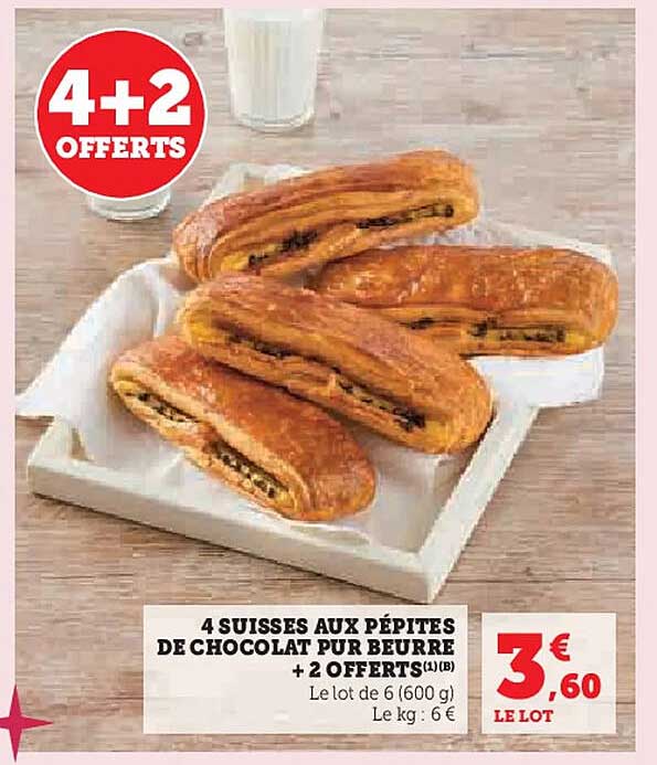 4 SUISSES AUX PÉPITES DE CHOCOLAT PUR BEURRE + 2 OFFERTS