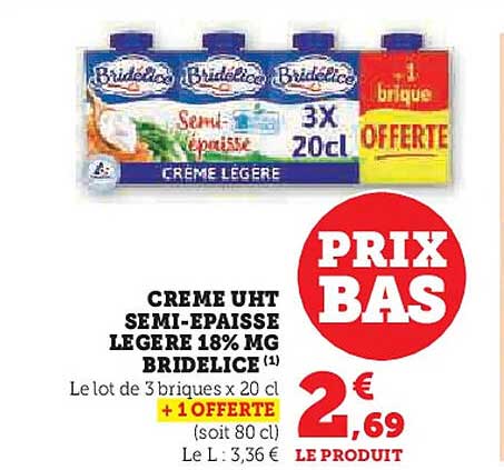 CRÈME UHT SEMI-ÉPAISSE LÉGÈRE 18% MG BRIDELICE