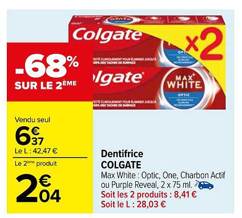 Dentifrice COLGATE Max White : Optic, One, Charbon Actif ou Purple Reveal, 2 x 75 ml.