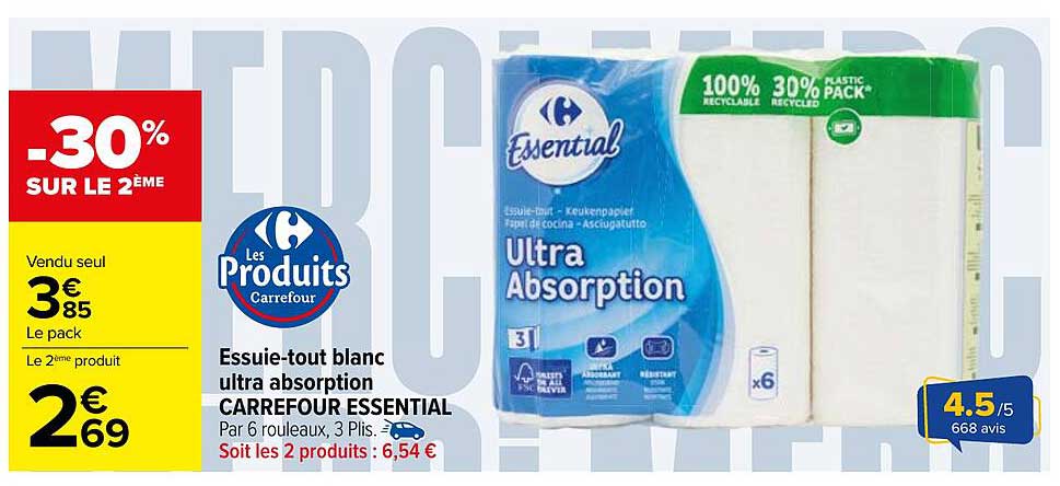 Essuie-tout blanc ultra absorption CARREFOUR ESSENTIAL