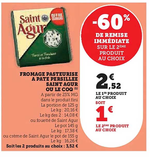 FROMAGE PASTEURISE A PATE PERSILLEE SAINT AGUR OU LE COQ