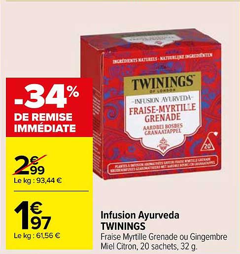 Infusion Ayurveda TWININGS Fraise Myrtille Grenade