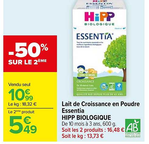 Lait de Croissance en Poudre Essentia HIPP BIOLOGIQUE