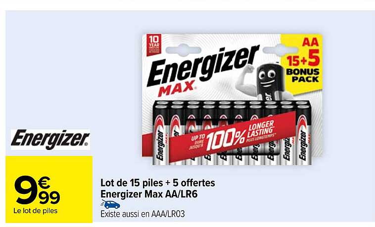 Lot de 15 piles + 5 offertes Energizer Max AA/LR6