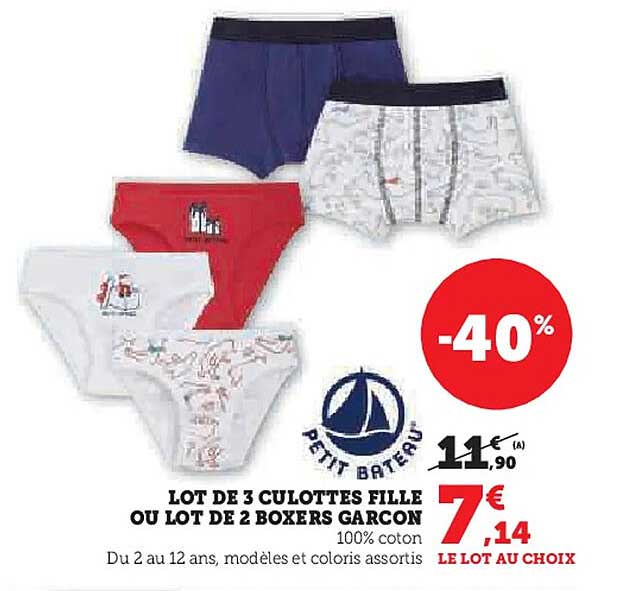 LOT DE 3 CULOTTES FILLE OU LOT DE 2 BOXERS GARCON